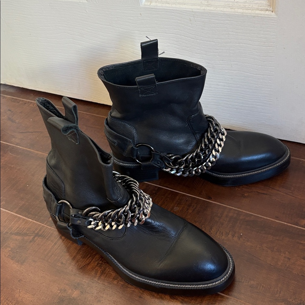 Zara Black Leather Chain Ankle Boots